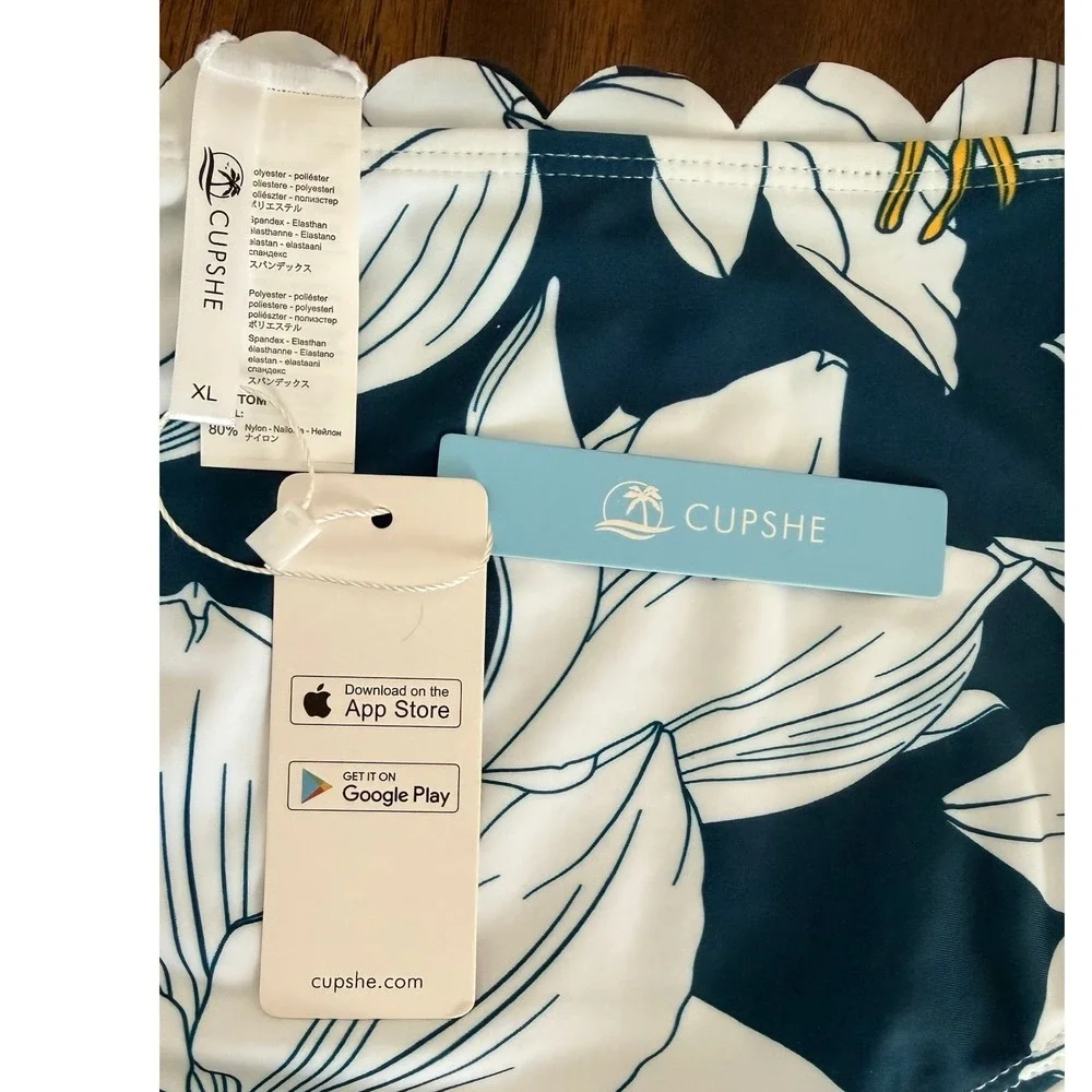 Cupshe Womens XL Bikini‎ Set Mustard Scallop Top Blue Floral High Waist Bottoms